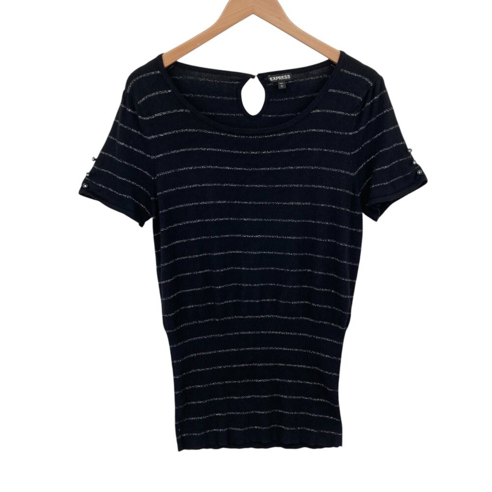 Express Black Metallic Striped Shirt Top L Women Stretch Short Sleeve Scoop Neck